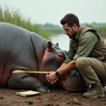 Chercheur de terrain mesurant le tour de corps d'un hippopotame tranquillisé sur une berge africaine boueuse