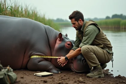 Chercheur de terrain mesurant le tour de corps d'un hippopotame tranquillisé sur une berge africaine boueuse