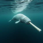 Narval nageant sous la surface de l'océan arctique, son défense spiralée visible, illustration d'un animal en N