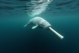 Narval nageant sous la surface de l'océan arctique, son défense spiralée visible, illustration d'un animal en N