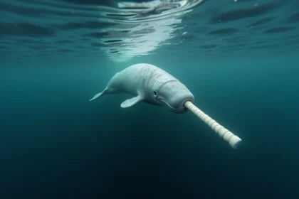 Narval nageant sous la surface de l'océan arctique, son défense spiralée visible, illustration d'un animal en N