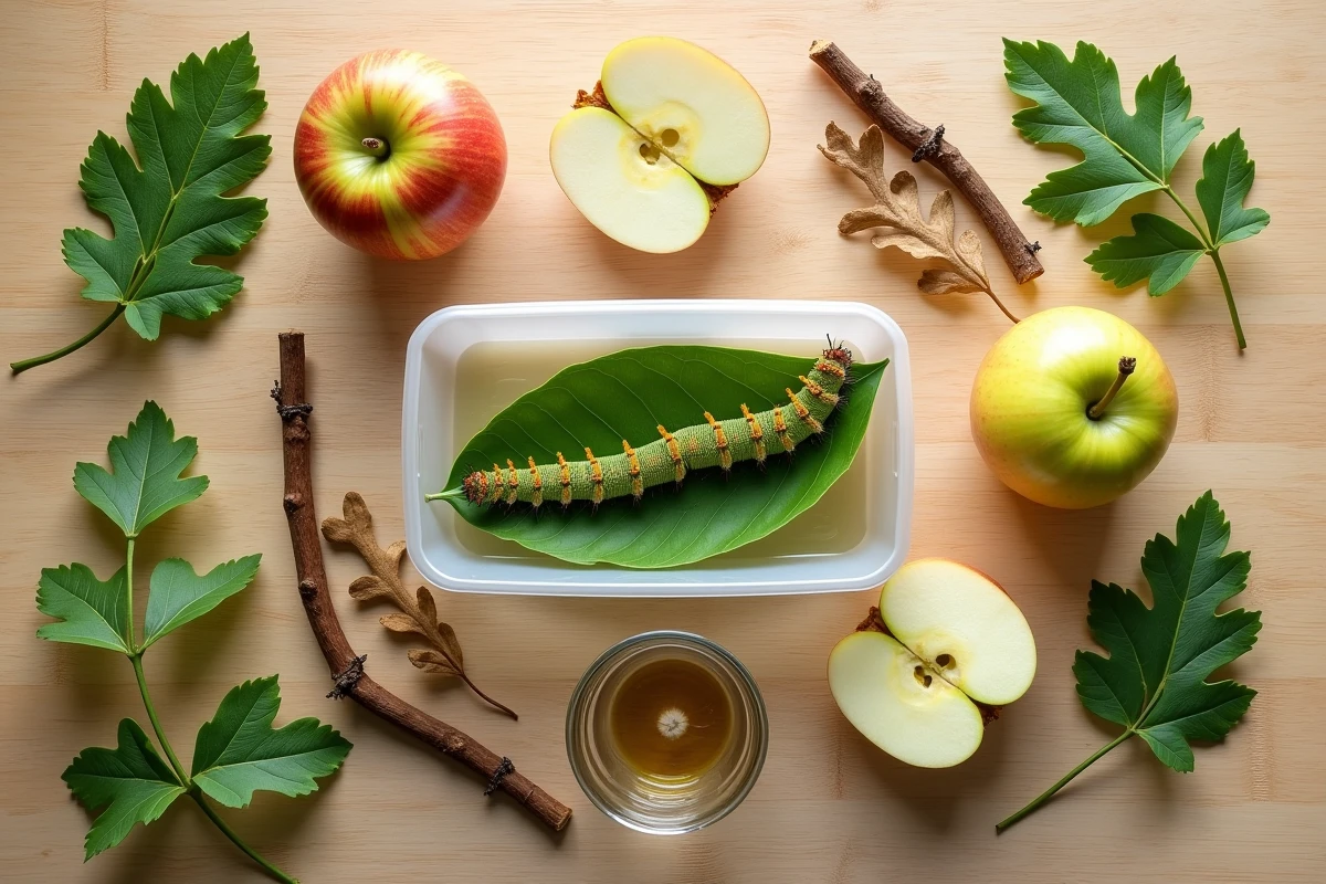 Vue du dessus d'une sélection d'aliments pour chenilles en captivité : feuilles d'ortie, pomme, feuilles de chêne et mûrier disposés autour d'un élevage