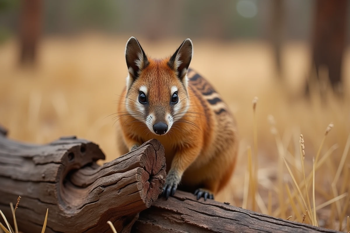Numbat, petit marsupial rayé d'Australie, posé sur un tronc d'eucalyptus dans la brousse, animal commençant par la lettre N