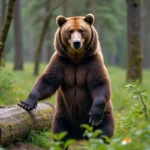 Mâle grizzly debout près d'une souche en forêt printanière