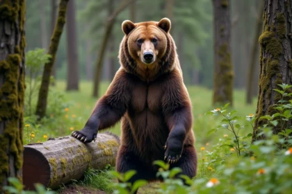 Mâle grizzly debout près d'une souche en forêt printanière