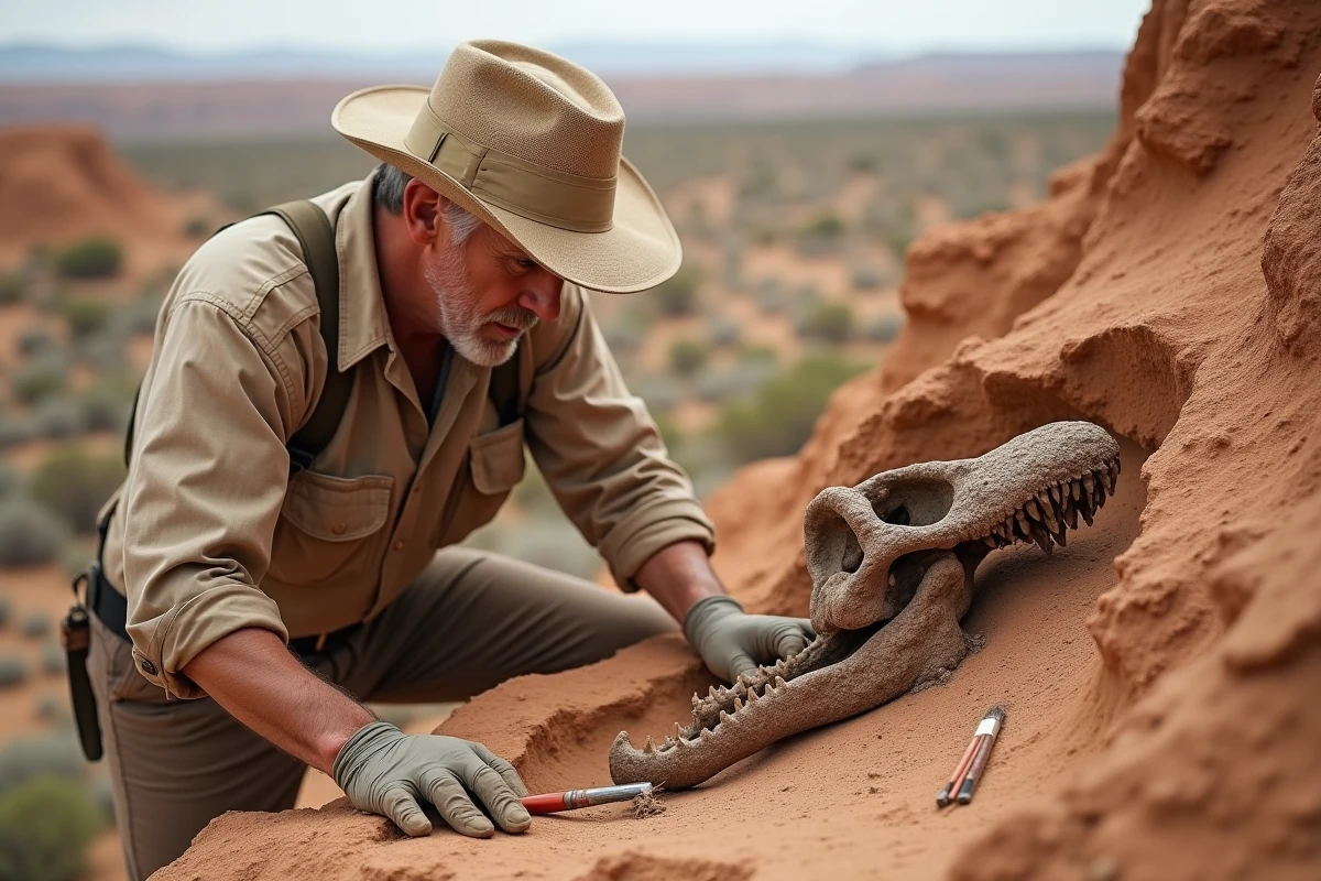 Paléontologue examinant des fossiles de dinosaure carnivore lors d'une fouille en terrain aride