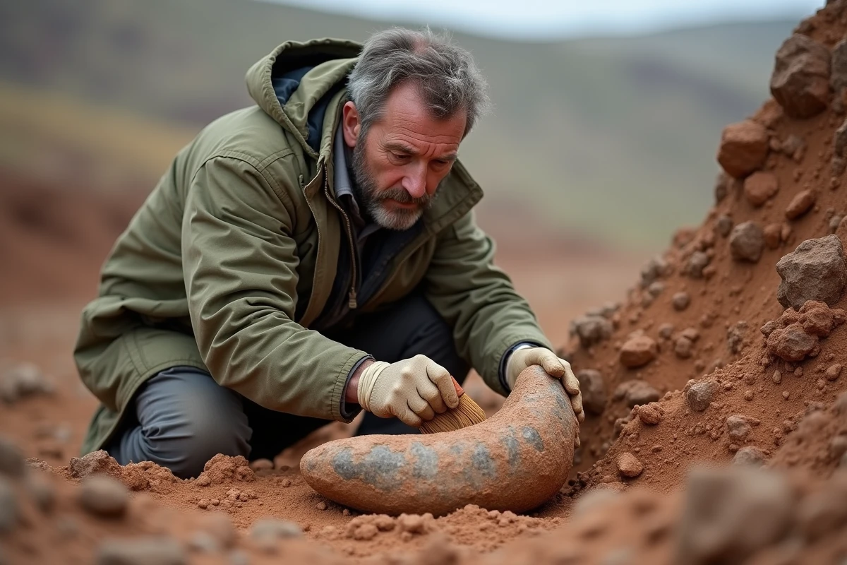Paléontologue fouillant une molaire de mammouth fossilisée lors d'une excavation en plein air sur un site archéologique en steppe froide