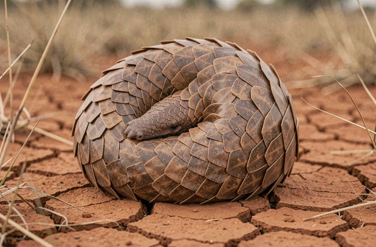 Pangolin enroulé en boule défensive sur sol de savane aride, ses écailles kératineuses formant un motif en spirale géométrique