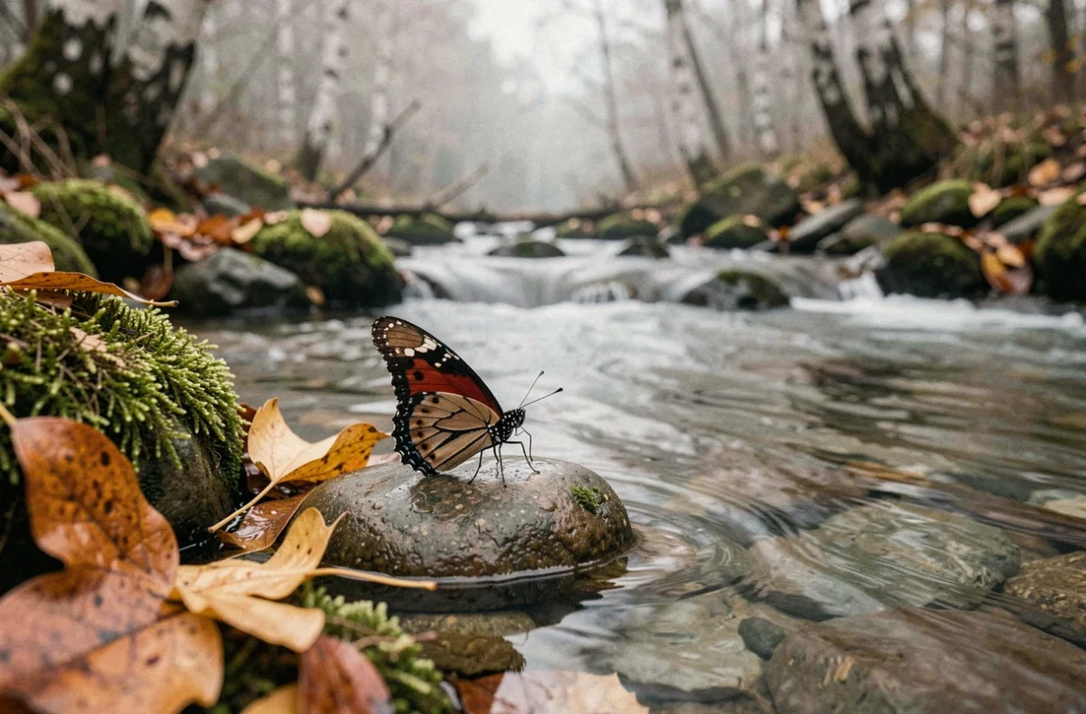 Papillon rouge et noir sur une pierre de rivière en forêt automnale, évoquant la sérénité émotionnelle et la symbolique spirituelle