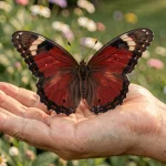 Papillon rouge et noir posé sur une main ouverte dans un jardin naturel, symbolisant la connexion émotionnelle et le chakra du cœur