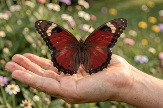Papillon rouge et noir posé sur une main ouverte dans un jardin naturel, symbolisant la connexion émotionnelle et le chakra du cœur