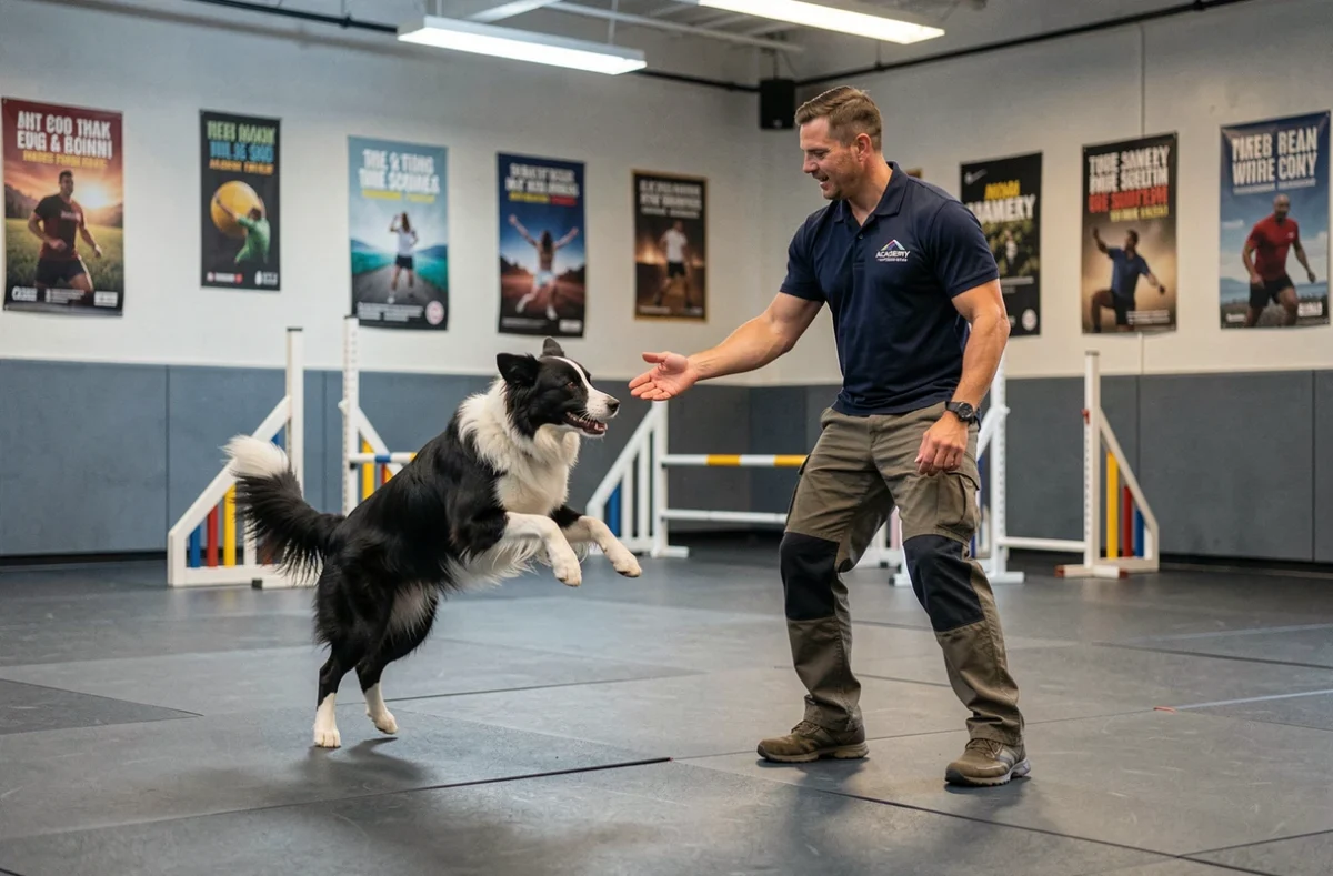 Entraîneur de Paws Academy en séance de rappel dynamique avec un Border Collie dans une salle d'entraînement canin intérieure