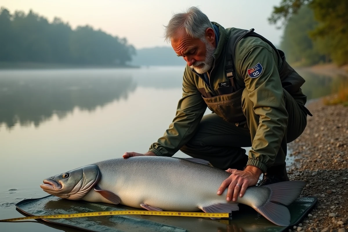 Pêcheur en waders tenant un silure record de plus de 250 cm sur un tapis de mesure au bord d'une rivière, illustrant les records de pêche en eau douce
