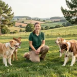 Paysage de pension canine en Auvergne-Rhône-Alpes avec chiens jouant librement dans un jardin verdoyant