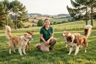 Paysage de pension canine en Auvergne-Rhône-Alpes avec chiens jouant librement dans un jardin verdoyant