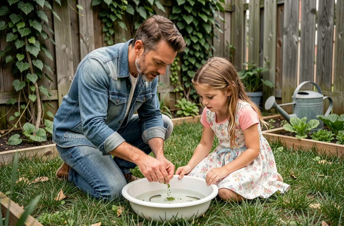 Père et fille nourrissant des têtards dans un bol en céramique dans le jardin, activité pédagogique parent-enfant sur la nature