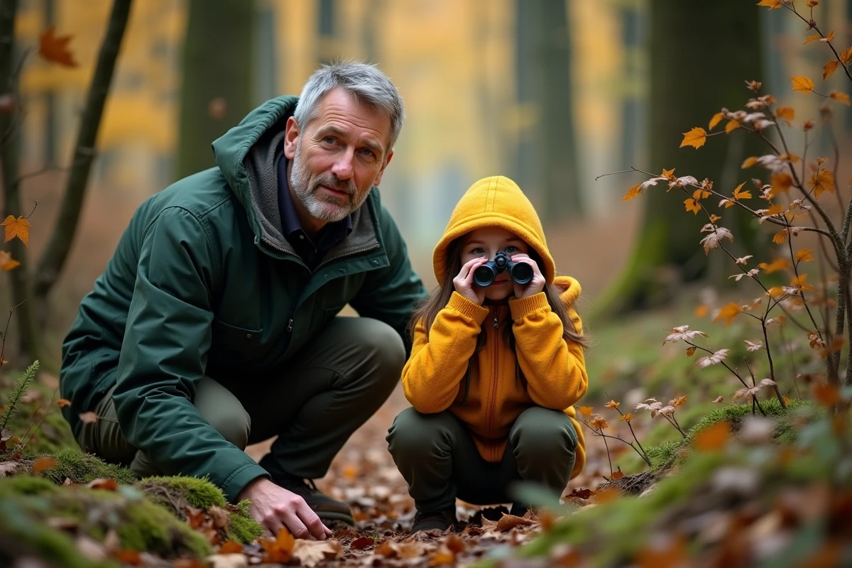 Père et fille observant des cerfs en forêt avec des jumelles lors du brame