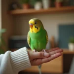 Perruche verte perchée sur un doigt humain avec une expression curieuse, idéale pour illustrer les prénoms d'oiseaux de compagnie