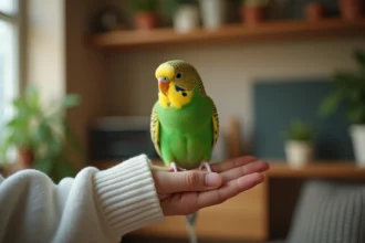 Perruche verte perchée sur un doigt humain avec une expression curieuse, idéale pour illustrer les prénoms d'oiseaux de compagnie