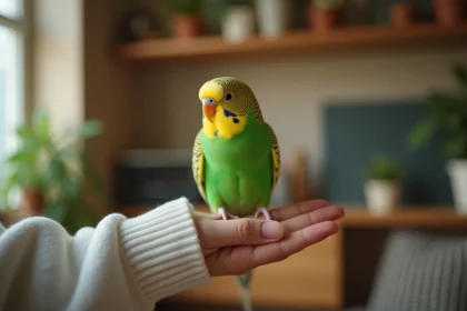 Perruche verte perchée sur un doigt humain avec une expression curieuse, idéale pour illustrer les prénoms d'oiseaux de compagnie