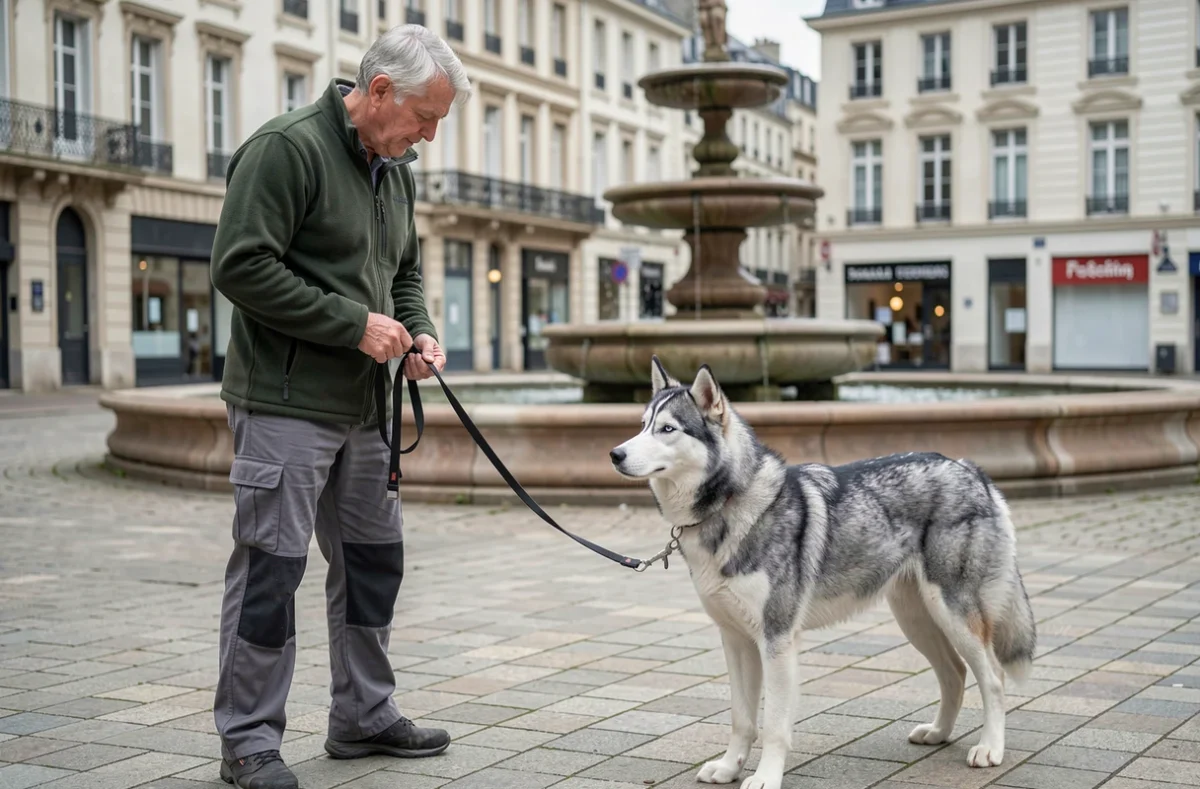 Philippe, comportementaliste canin à Saint-Denis, en consultation comportementale avec un Husky dans une place urbaine