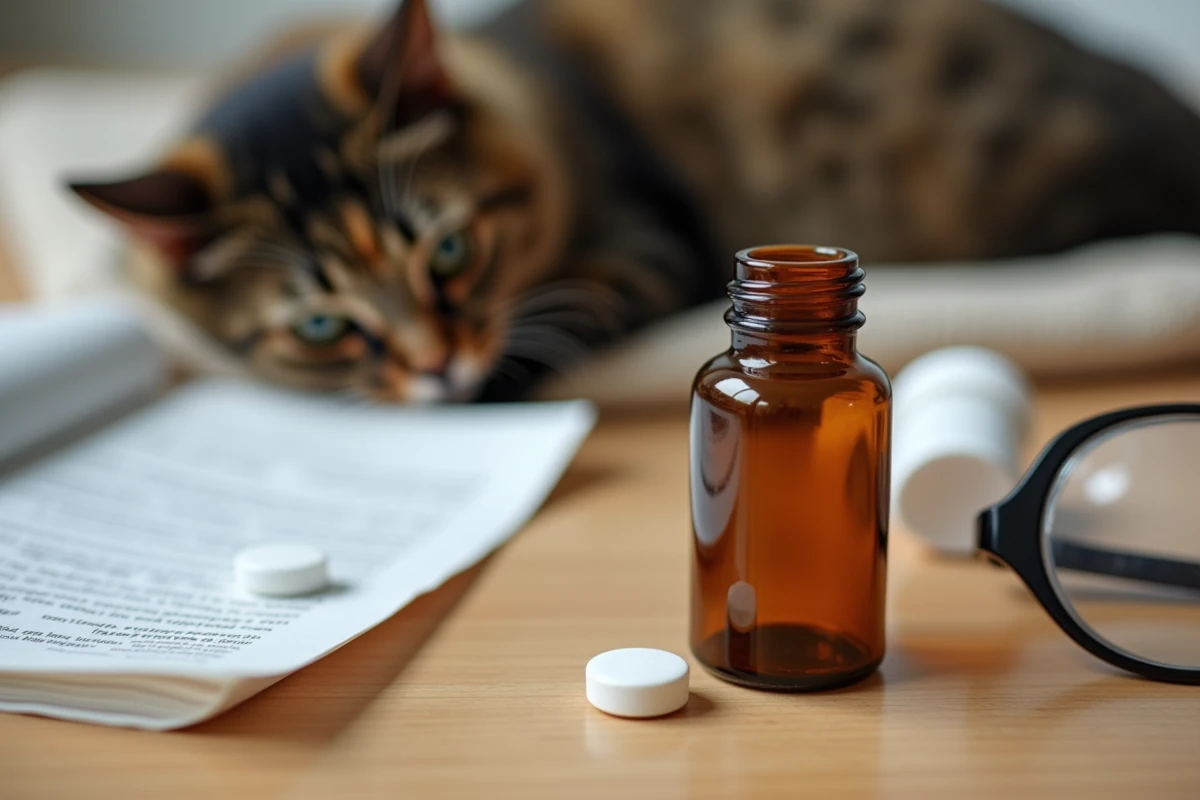 Pilule contraceptive pour chat posée sur une table avec ordonnance vétérinaire et chatte en arrière-plan