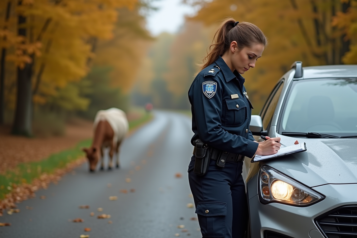 Policière inspectant une voiture sur une route automnale
