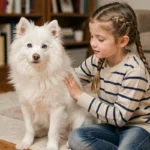 Jeune fille assise avec un Pomsky adulte dans un salon, illustrant la coexistence calme entre chien et enfant
