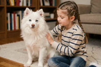 Jeune fille assise avec un Pomsky adulte dans un salon, illustrant la coexistence calme entre chien et enfant