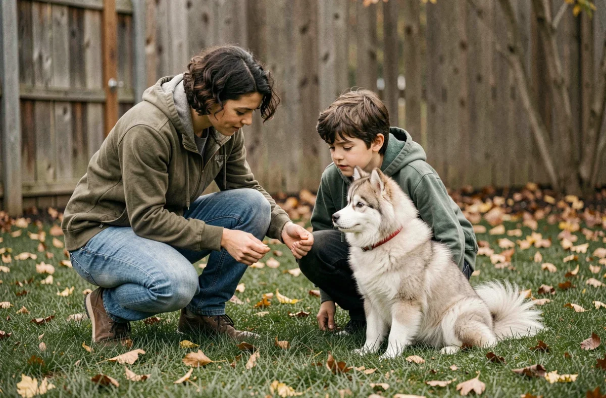 Parent supervisant l'interaction entre un garçon et un Pomsky adulte dans un jardin, illustrant les règles de sécurité