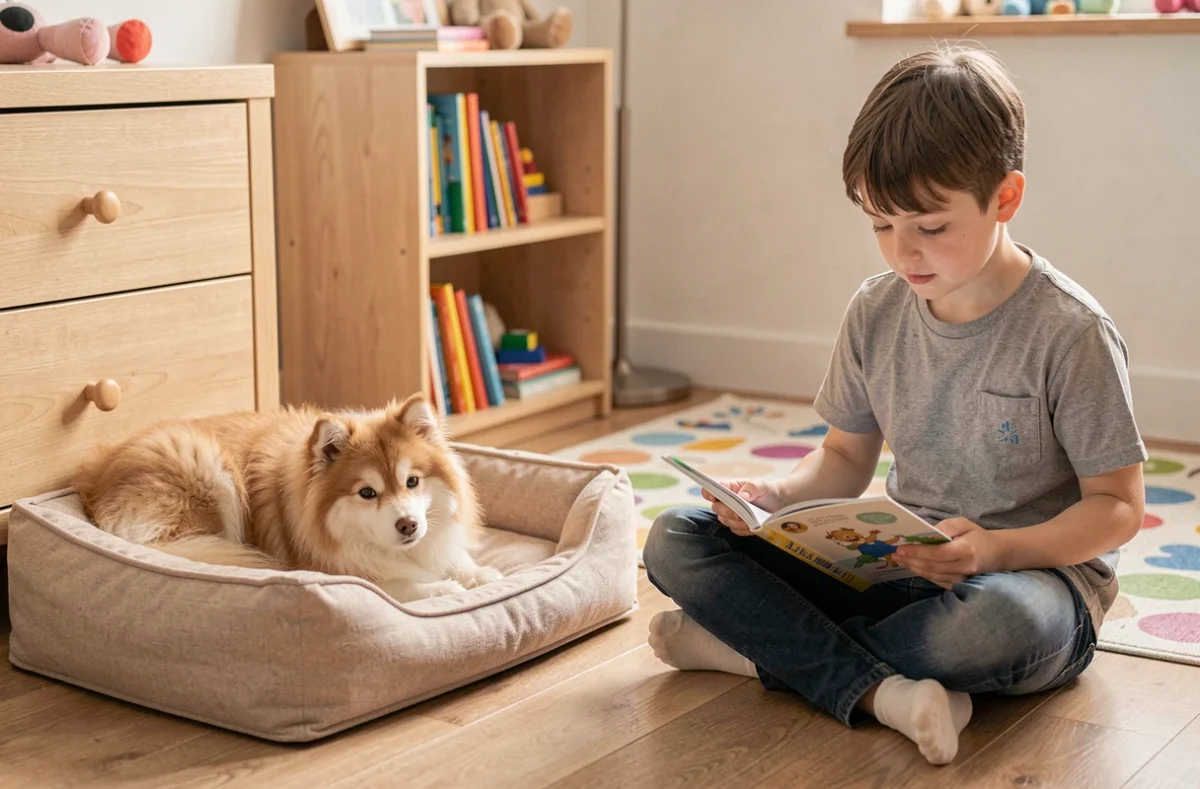 Pomsky adulte dans son espace personnel dans une chambre d'enfant, illustrant le respect des limites du chien