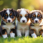 Une portée de chiots Australian Shepherd dehors sur l'herbe