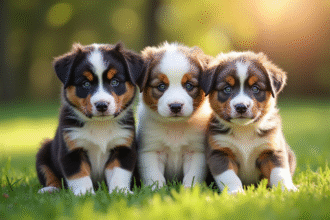 Une portée de chiots Australian Shepherd dehors sur l'herbe
