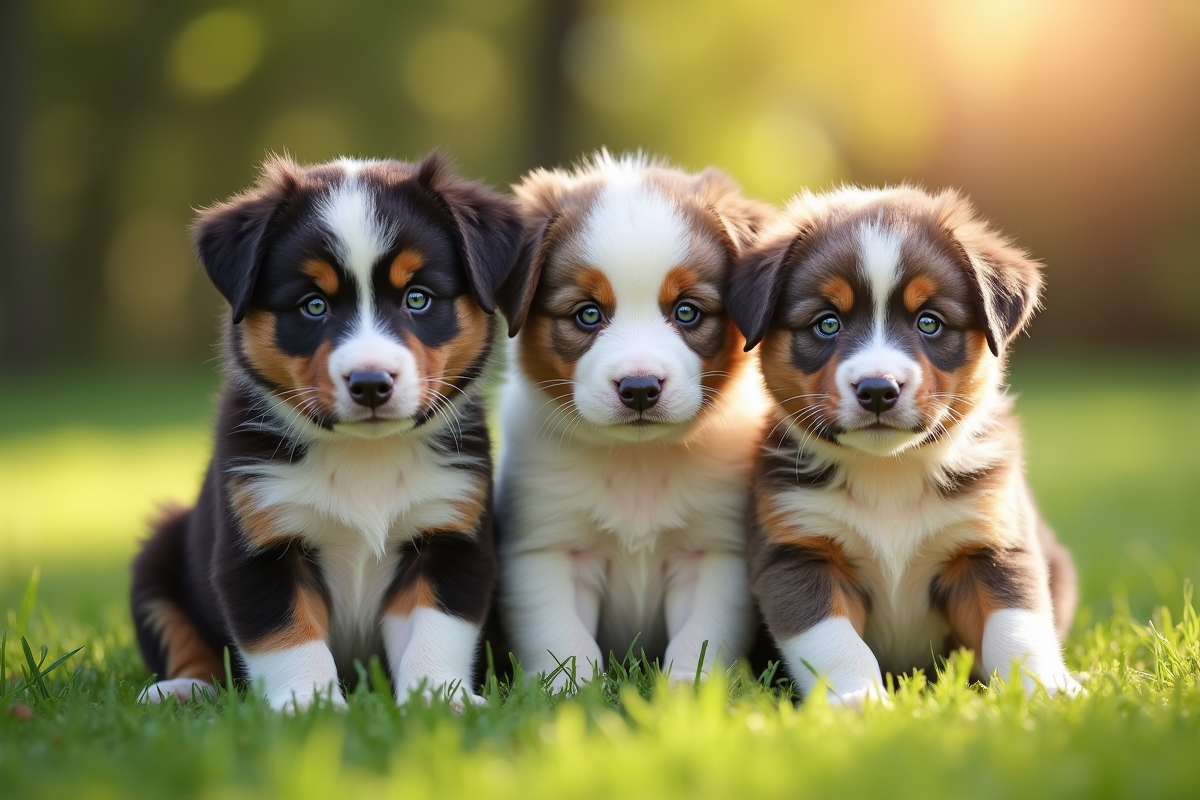 Une portée de chiots Australian Shepherd dehors sur l'herbe