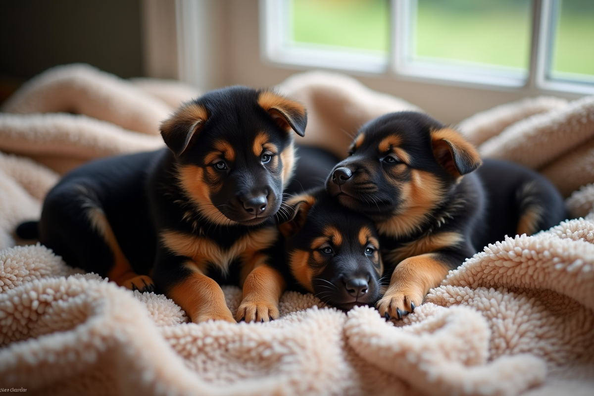 Groupe de chiots berger allemand câlins sur une couverture