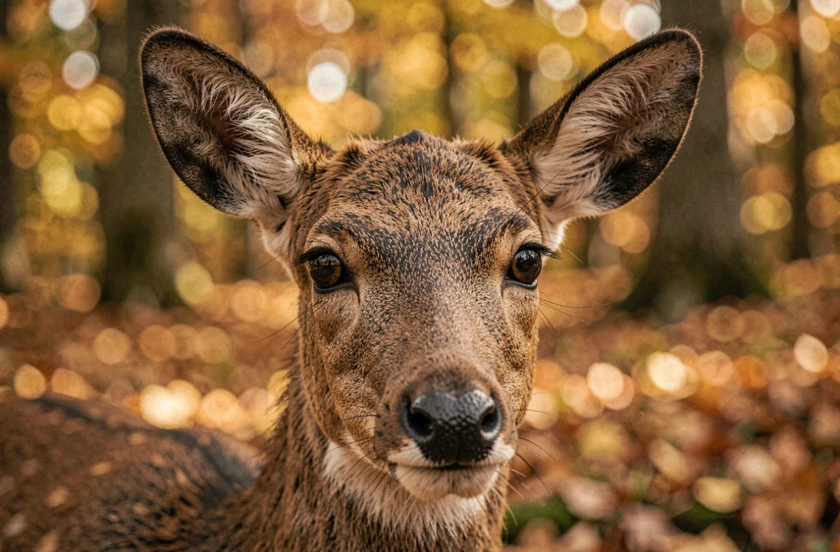 Portrait en gros plan d'un cerf sauvage aux yeux expressifs dans une clairière automnale, évoquant la sagesse et les messages spirituels cachés