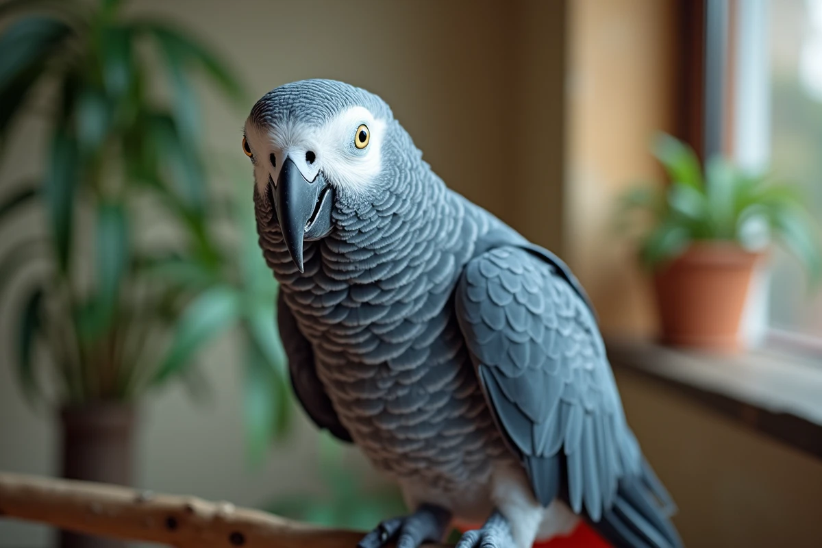 Portrait en gros plan d'un gris du Gabon bleu aux plumes détaillées perché sur une branche dans une volière domestique