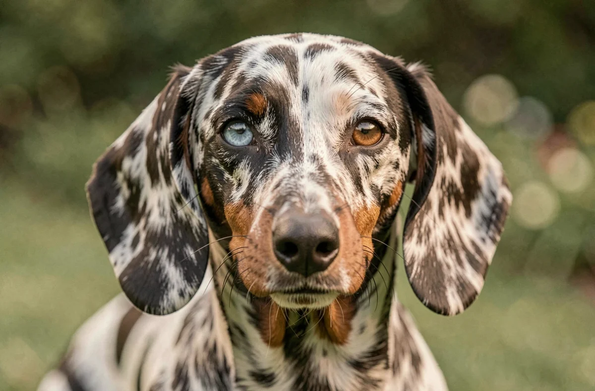 Portrait rapproché d'un teckel arlequin aux yeux vairons révélant les particularités génétiques de la robe