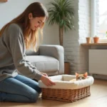 Jeune femme préparant un panier douillet pour accueillir un chaton de 3 mois dans un appartement rennais