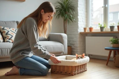 Jeune femme préparant un panier douillet pour accueillir un chaton de 3 mois dans un appartement rennais