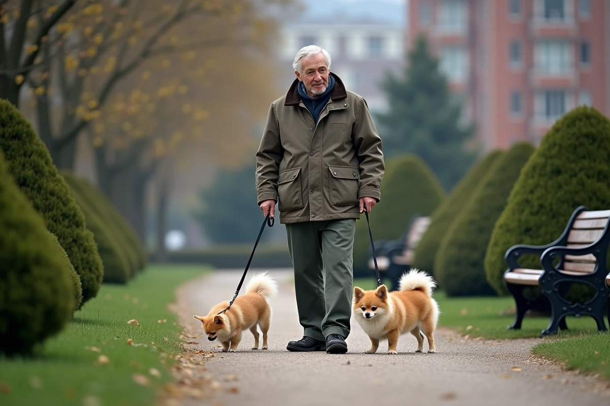 Homme marche avec deux chihuahuas dans un parc urbain