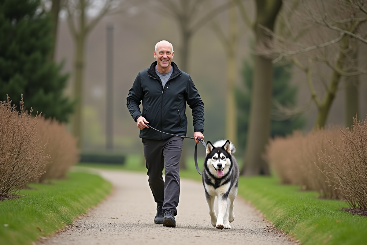Homme marche avec chien australien husky dans un parc urbain au printemps