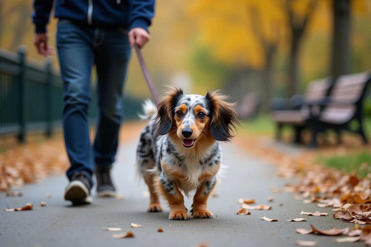 Homme promenant son teckel arlequin poil long adopté dans un parc en automne