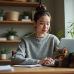Femme propriétaire de chat consultant un site web sur son ordinateur portable avec son chat tabby posé à côté du clavier pour illustrer la sécurité en ligne