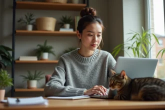 Femme propriétaire de chat consultant un site web sur son ordinateur portable avec son chat tabby posé à côté du clavier pour illustrer la sécurité en ligne