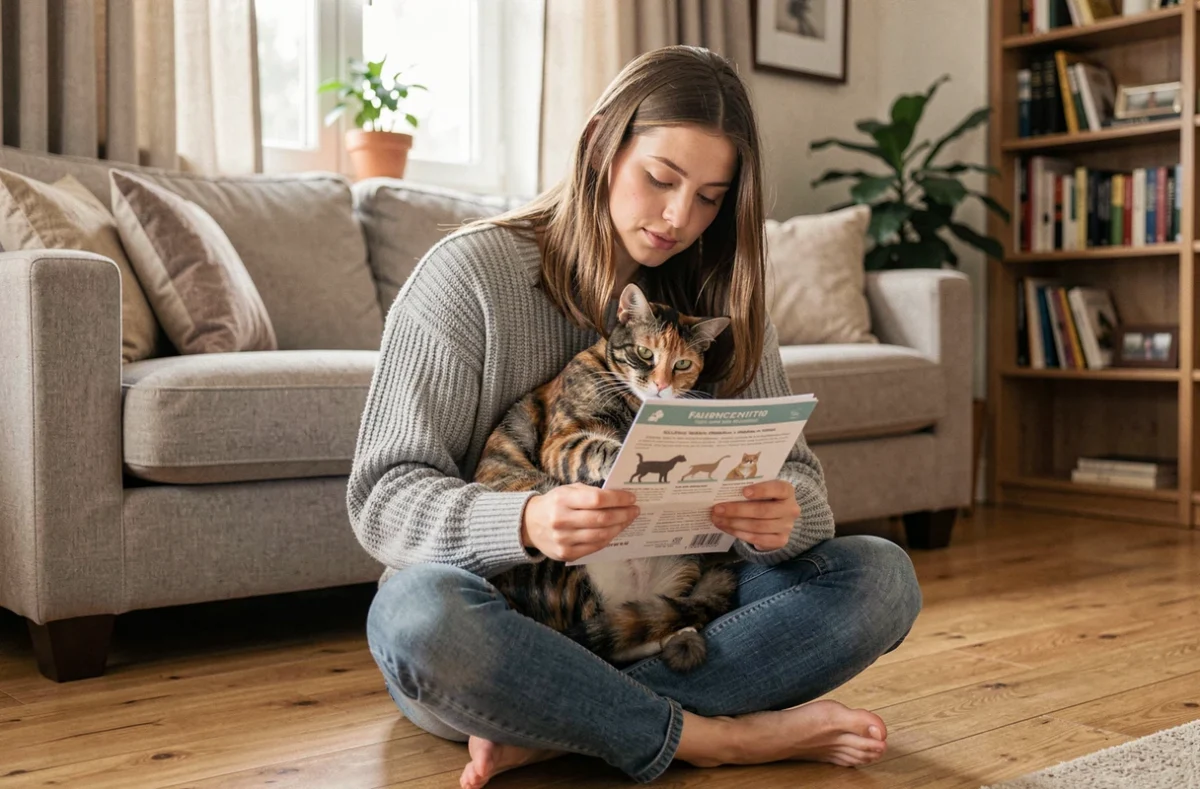 Femme à la maison tenant sa chatte en chaleur en lisant des informations sur la contraception féline