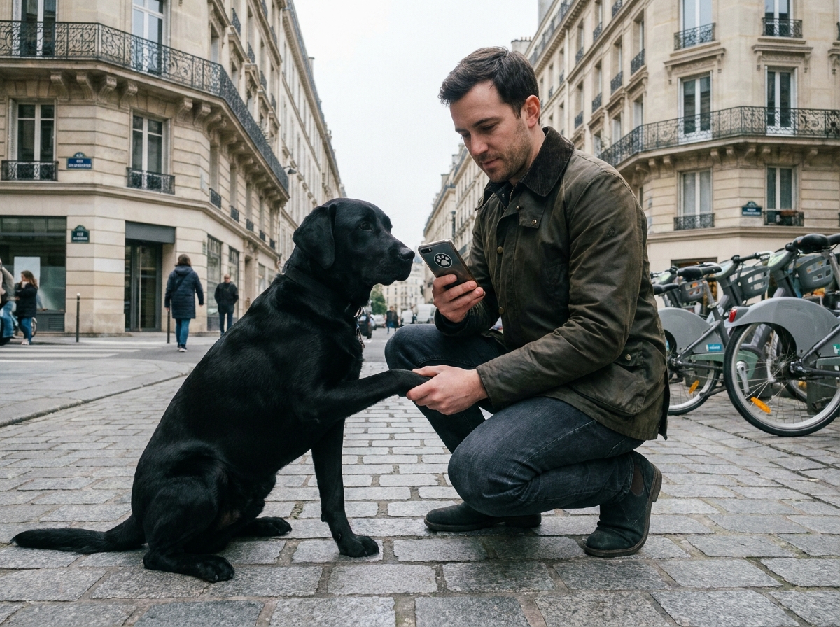 Propriétaire de chien vérifiant la patte de son labrador sur un trottoir parisien avec son smartphone