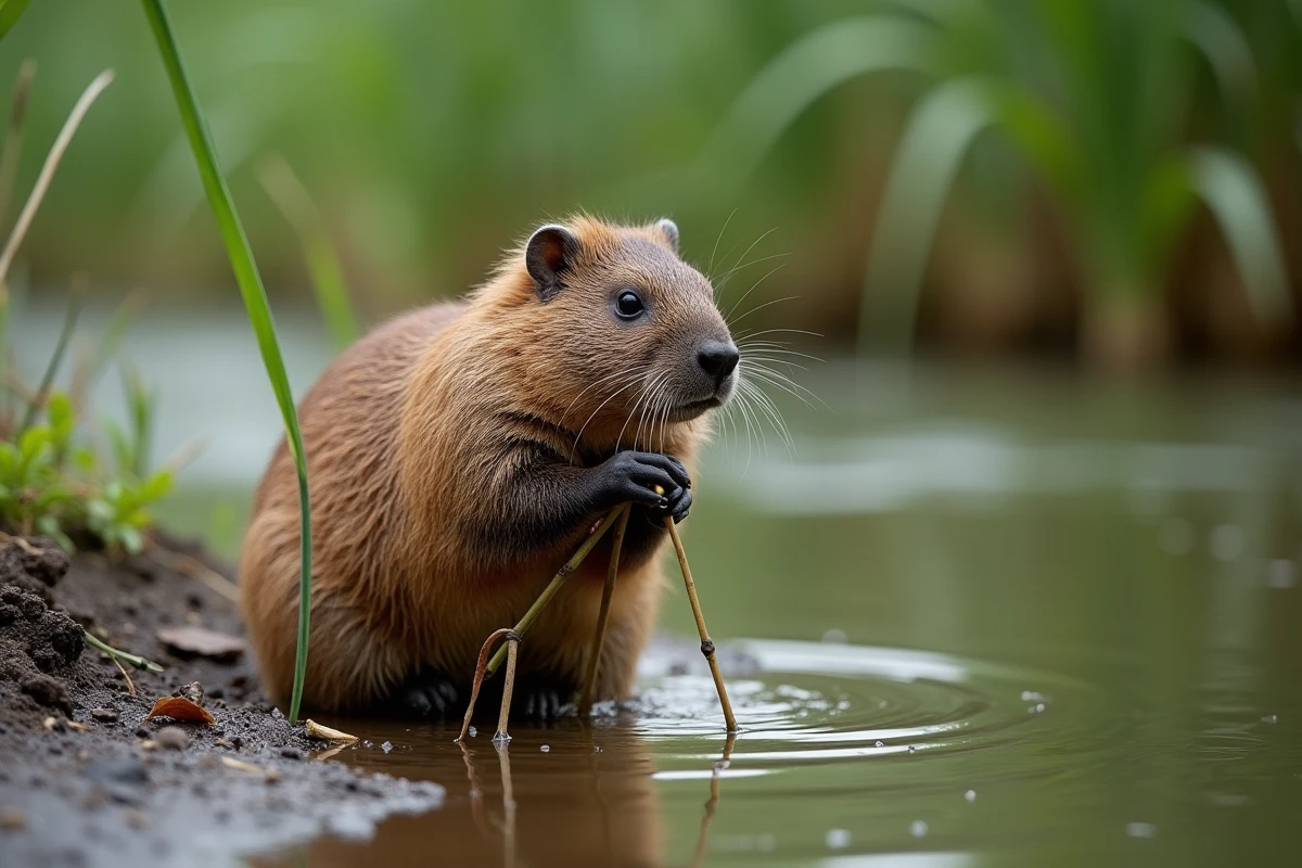 Ragondin au bord d'une rivière d'eau douce tenant un roseau, animal rongeur aquatique dont le nom commence par N