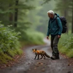 Homme randonneur observant des déjections de renard sur le sentier