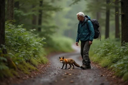 Homme randonneur observant des déjections de renard sur le sentier